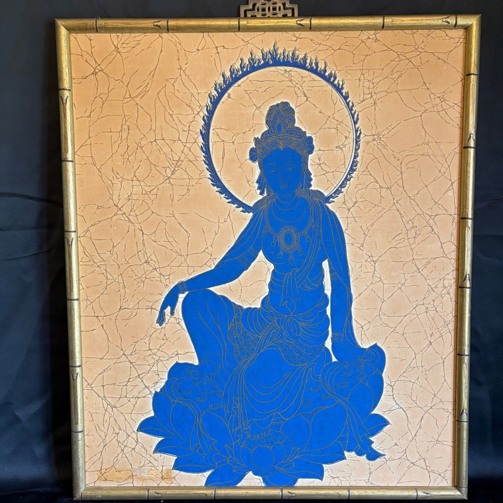 Vintage Guanyin Buddhist Batik Art Blue Gold Faux Bamboo Frame Asian Wall Decor